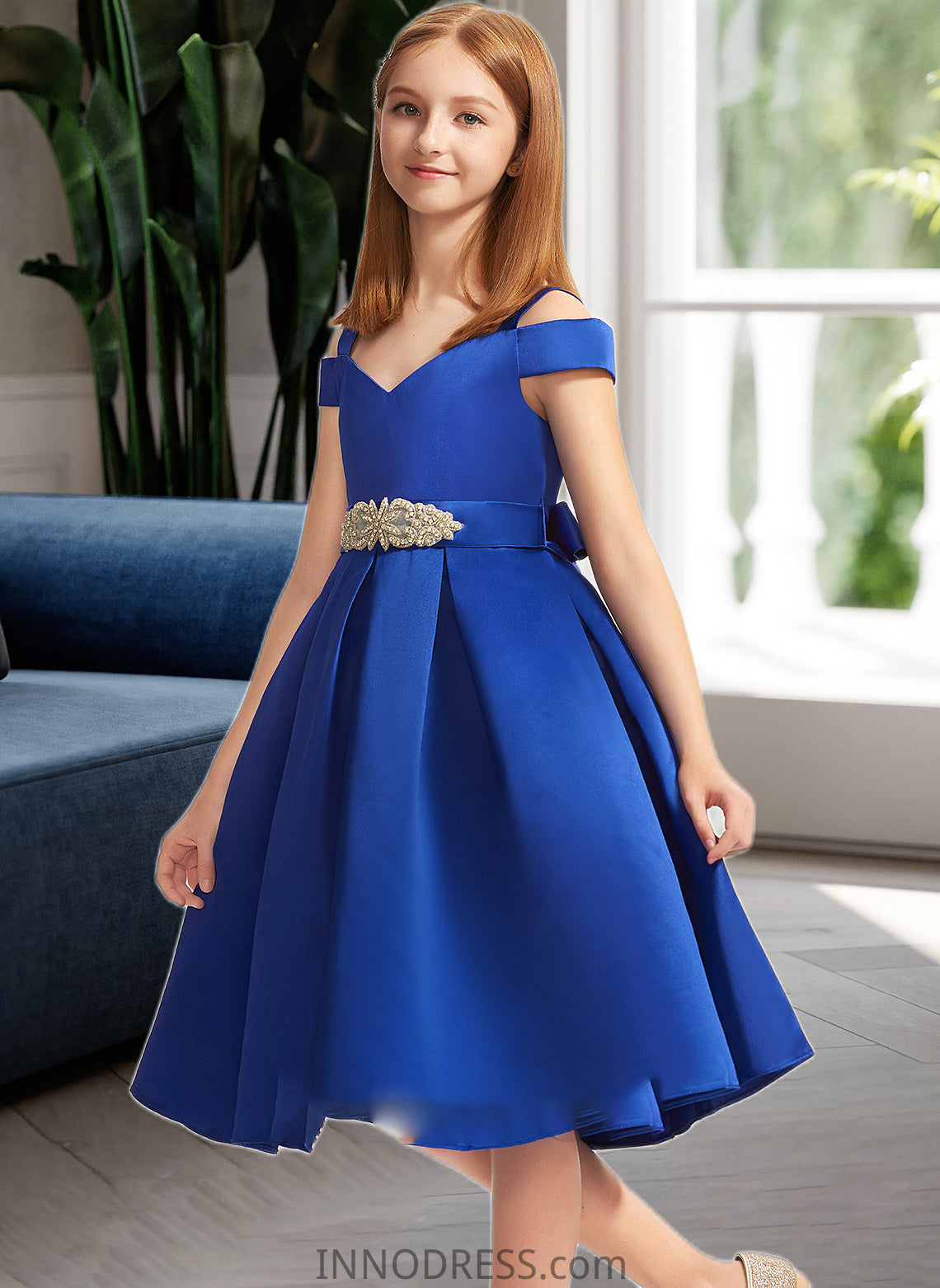 Zaria A-Line Off-the-Shoulder Knee-Length Satin Junior Bridesmaid Dress With Beading Bow(s) DPP0013605