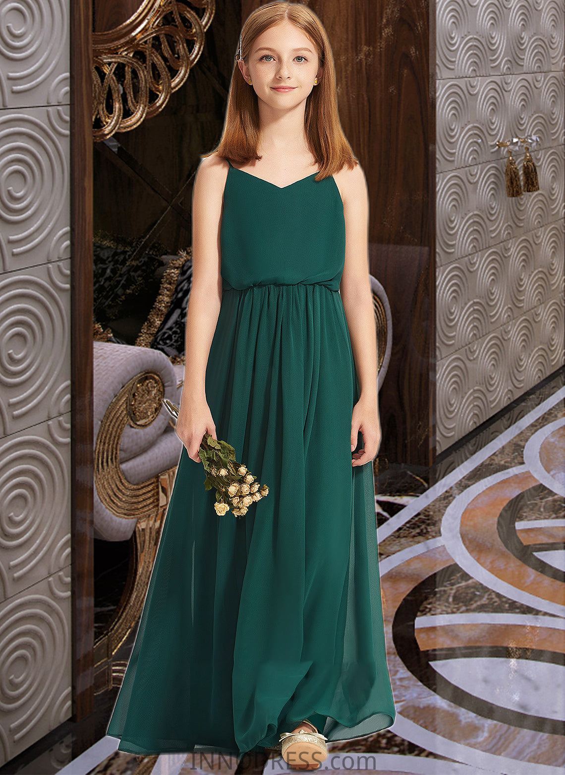 Marcia A-Line V-neck Floor-Length Chiffon Junior Bridesmaid Dress With Ruffle DPP0013606