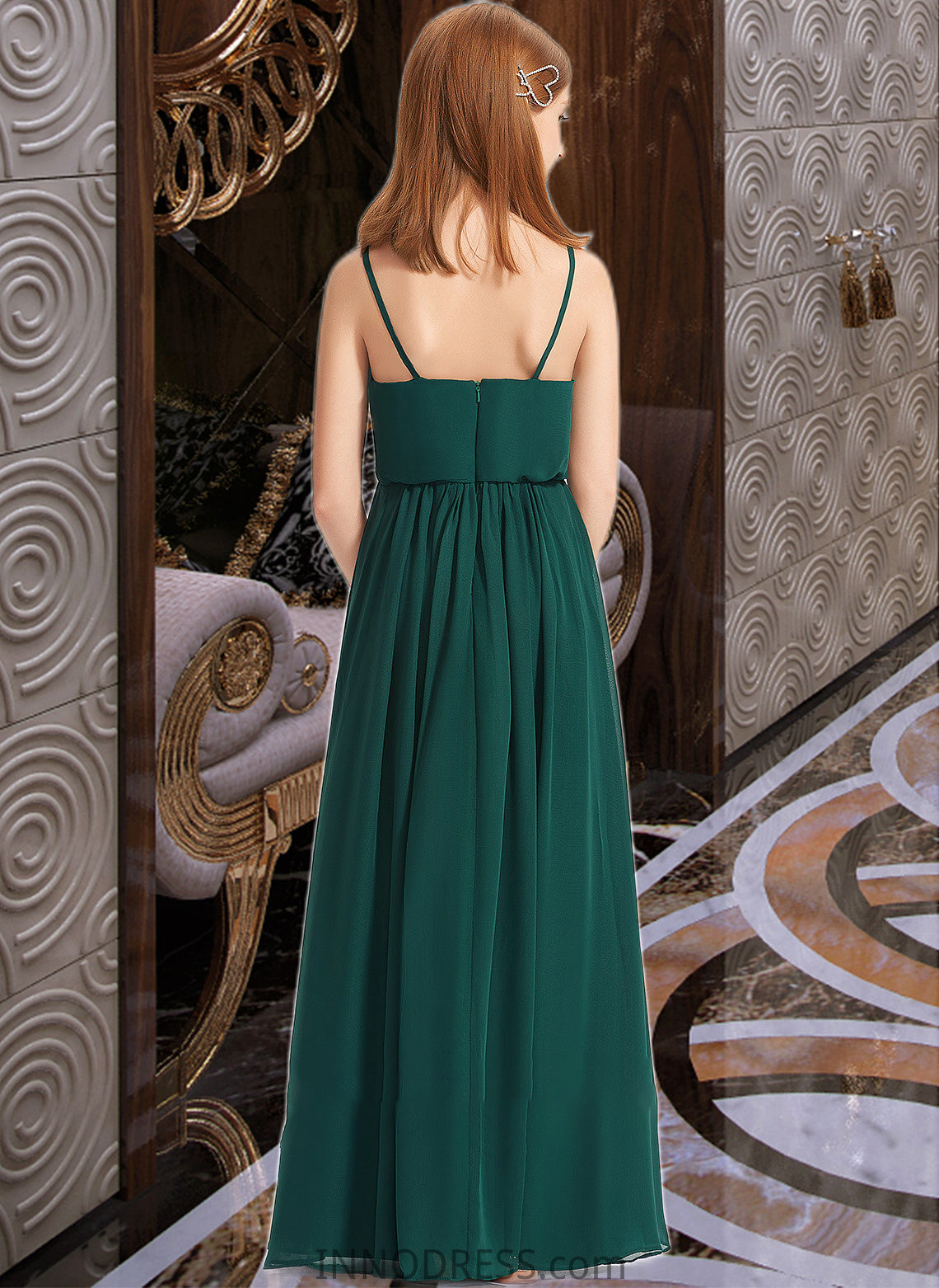 Marcia A-Line V-neck Floor-Length Chiffon Junior Bridesmaid Dress With Ruffle DPP0013606