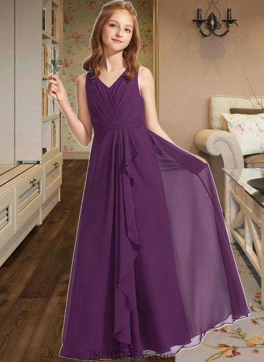 Rosalyn A-Line V-neck Floor-Length Chiffon Junior Bridesmaid Dress With Ruffles DPP0013607