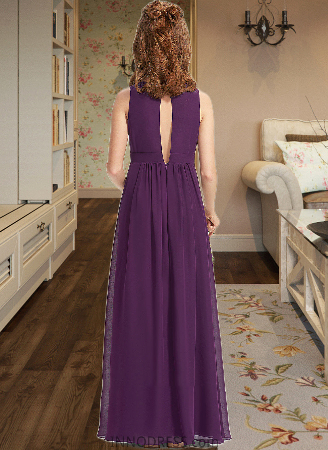 Rosalyn A-Line V-neck Floor-Length Chiffon Junior Bridesmaid Dress With Ruffles DPP0013607