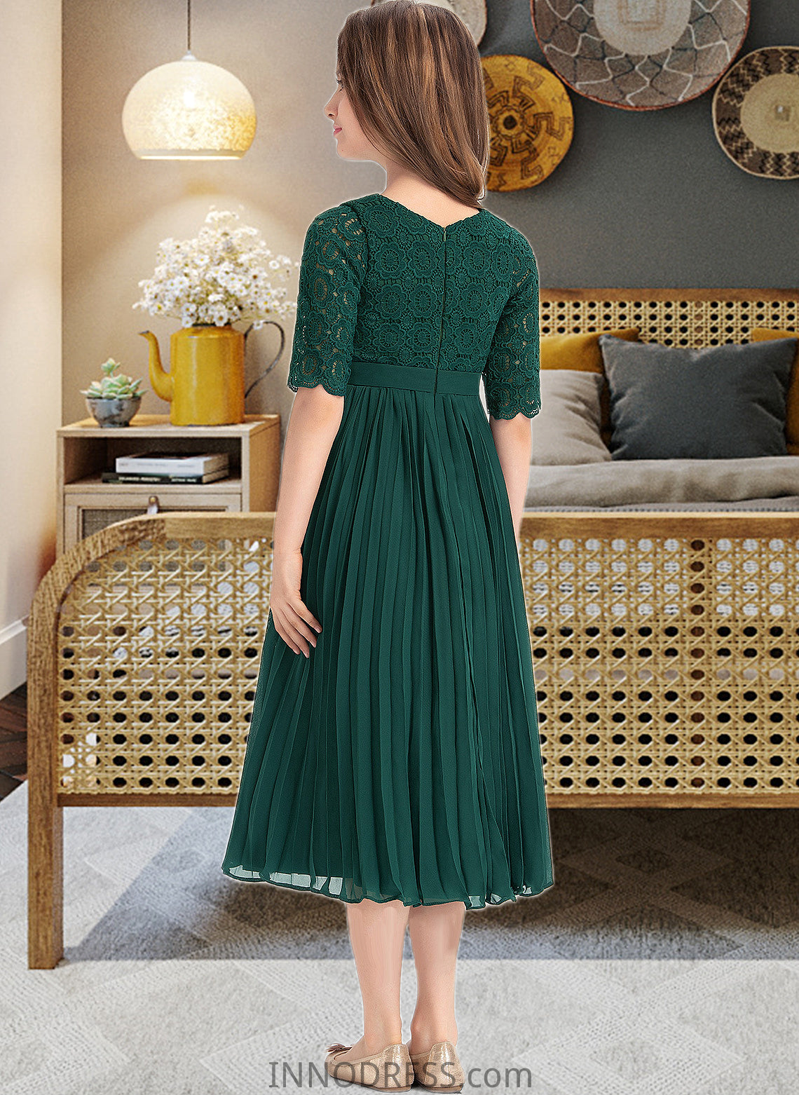 Kinley A-Line Scoop Neck Tea-Length Chiffon Lace Junior Bridesmaid Dress With Pleated DPP0013608