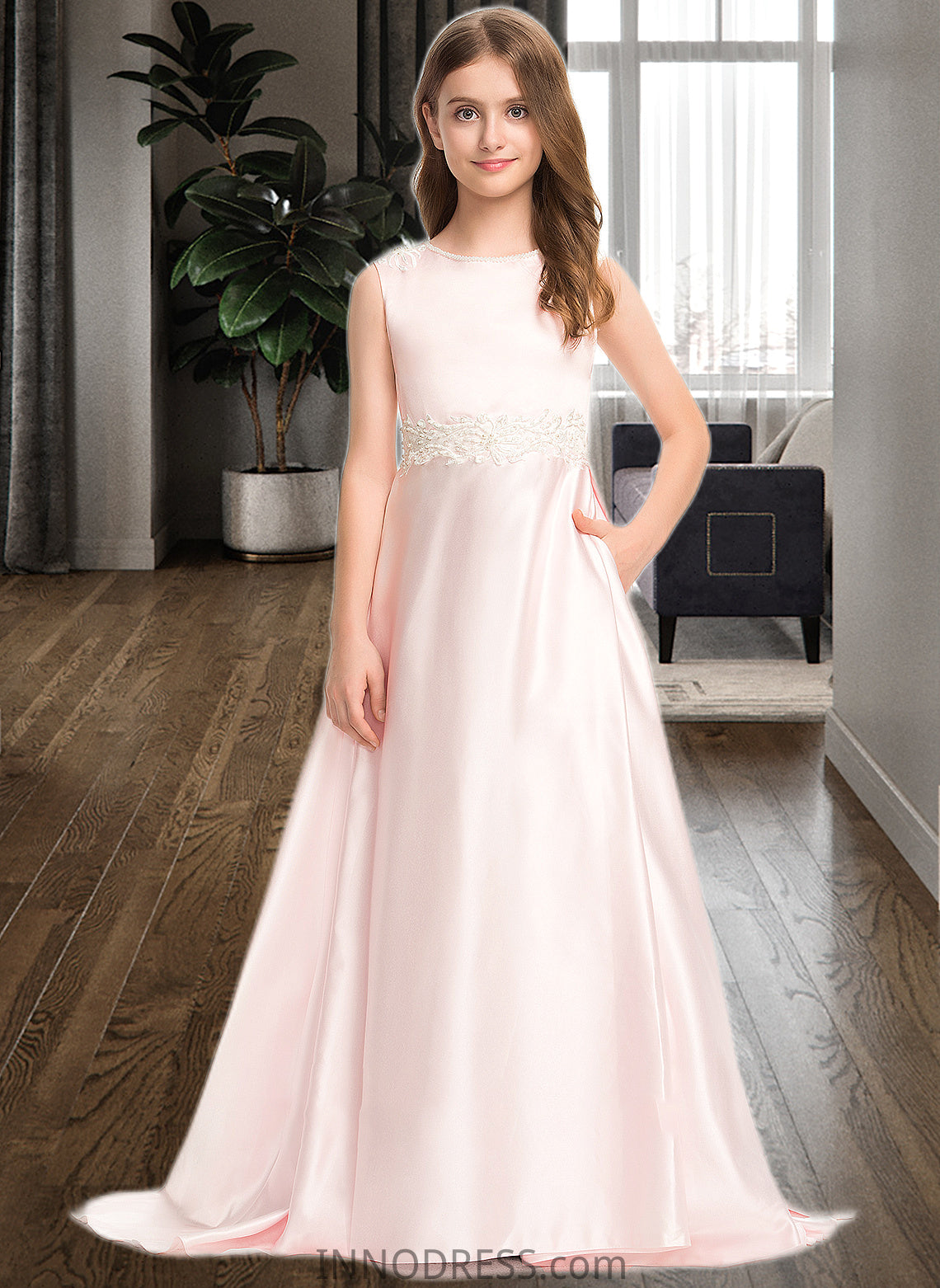 Savanah A-Line Scoop Neck Sweep Train Satin Lace Junior Bridesmaid Dress With Bow(s) Pockets DPP0013609