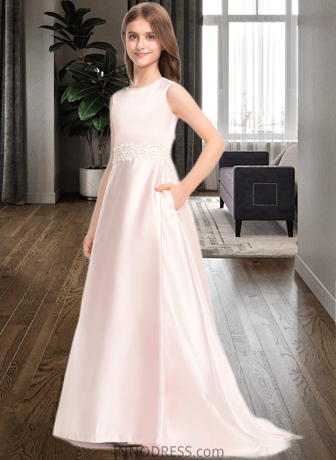 Savanah A-Line Scoop Neck Sweep Train Satin Lace Junior Bridesmaid Dress With Bow(s) Pockets DPP0013609