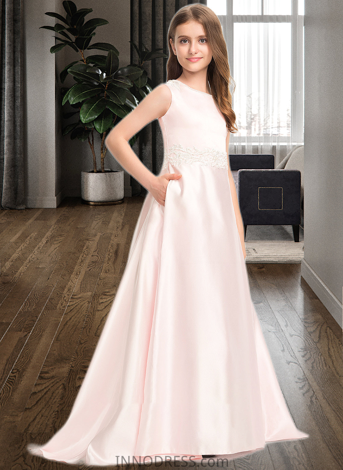 Savanah A-Line Scoop Neck Sweep Train Satin Lace Junior Bridesmaid Dress With Bow(s) Pockets DPP0013609