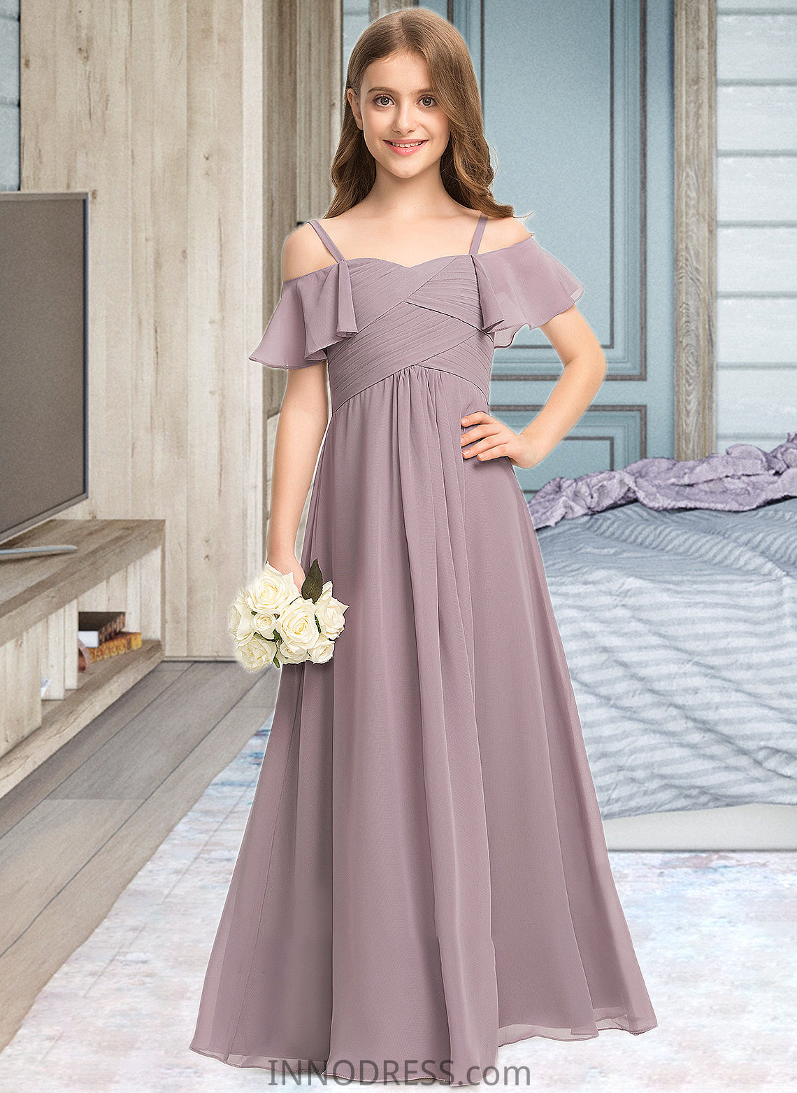 Gemma A-Line Off-the-Shoulder Floor-Length Chiffon Junior Bridesmaid Dress With Ruffle DPP0013610