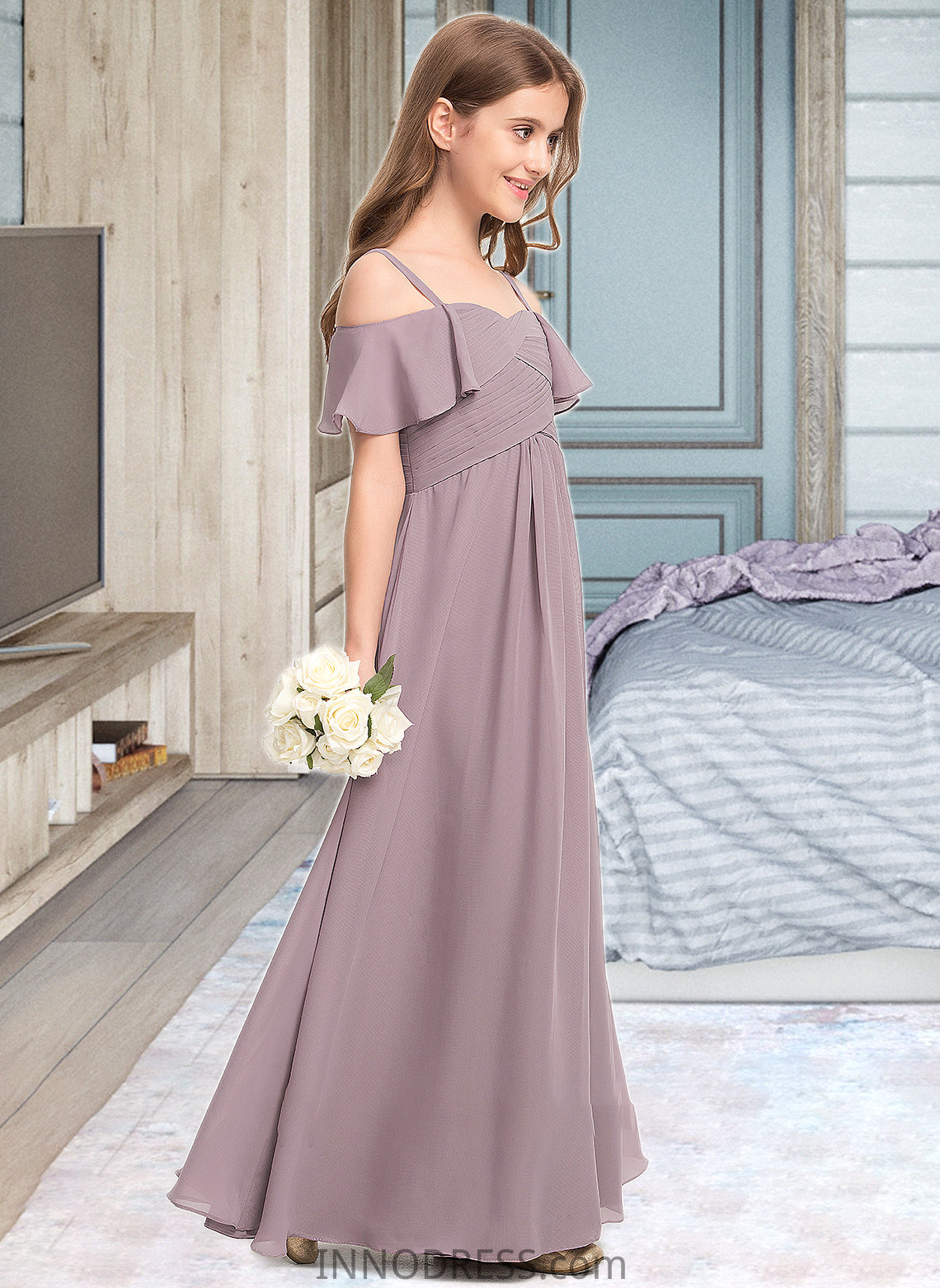 Gemma A-Line Off-the-Shoulder Floor-Length Chiffon Junior Bridesmaid Dress With Ruffle DPP0013610