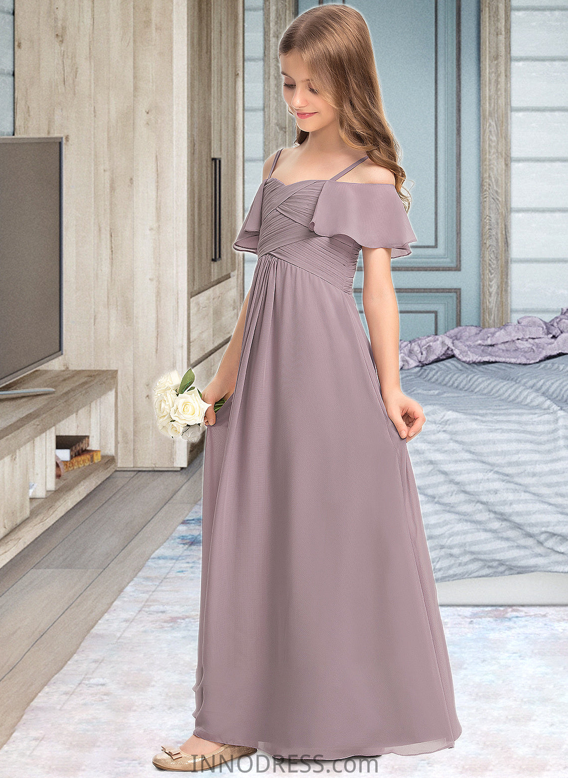 Gemma A-Line Off-the-Shoulder Floor-Length Chiffon Junior Bridesmaid Dress With Ruffle DPP0013610