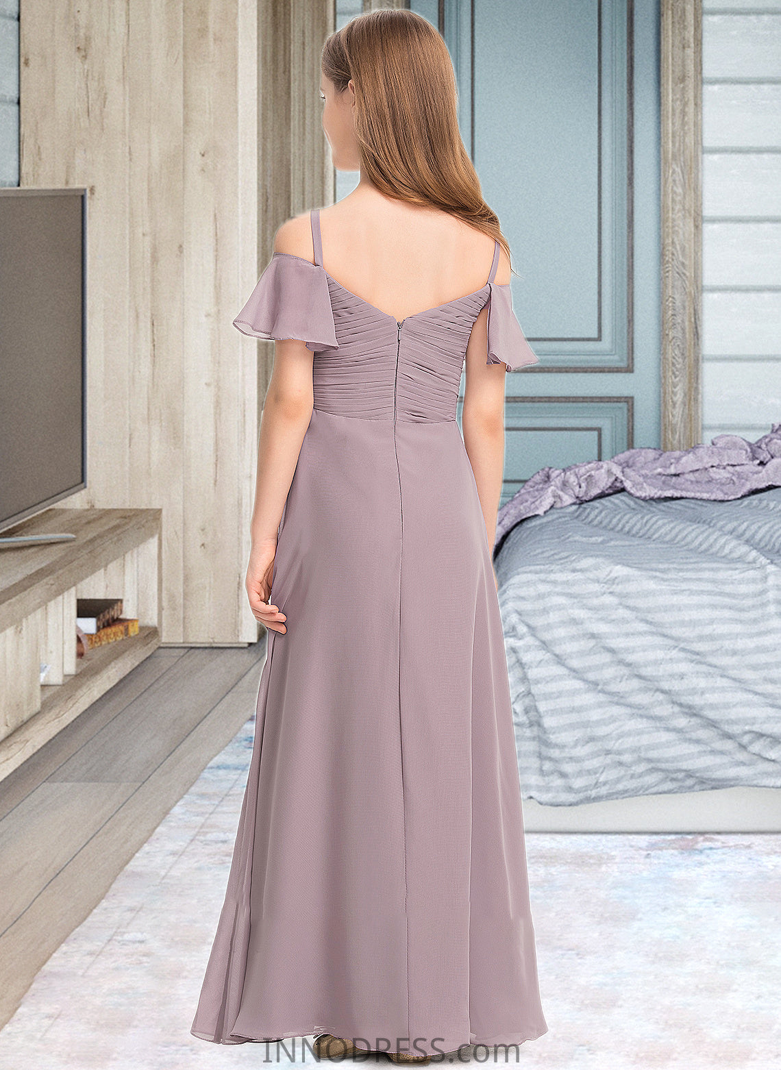 Gemma A-Line Off-the-Shoulder Floor-Length Chiffon Junior Bridesmaid Dress With Ruffle DPP0013610