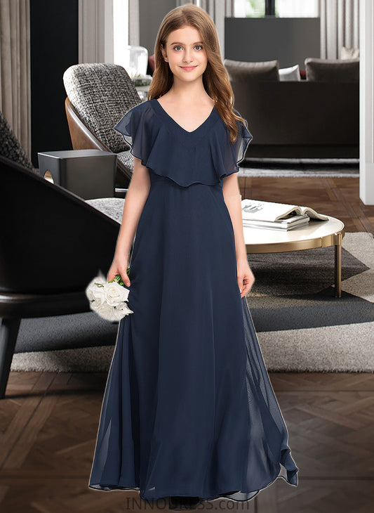 Lesley A-Line V-neck Floor-Length Chiffon Junior Bridesmaid Dress DPP0013611