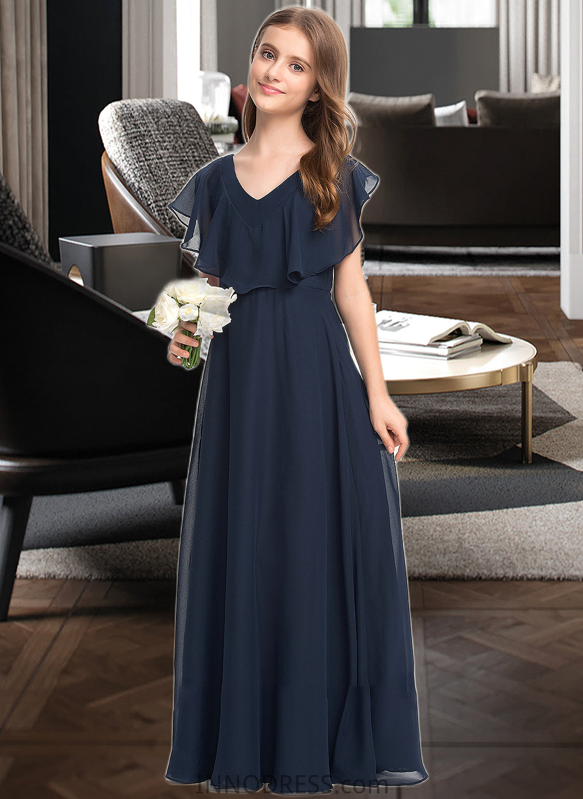 Lesley A-Line V-neck Floor-Length Chiffon Junior Bridesmaid Dress DPP0013611