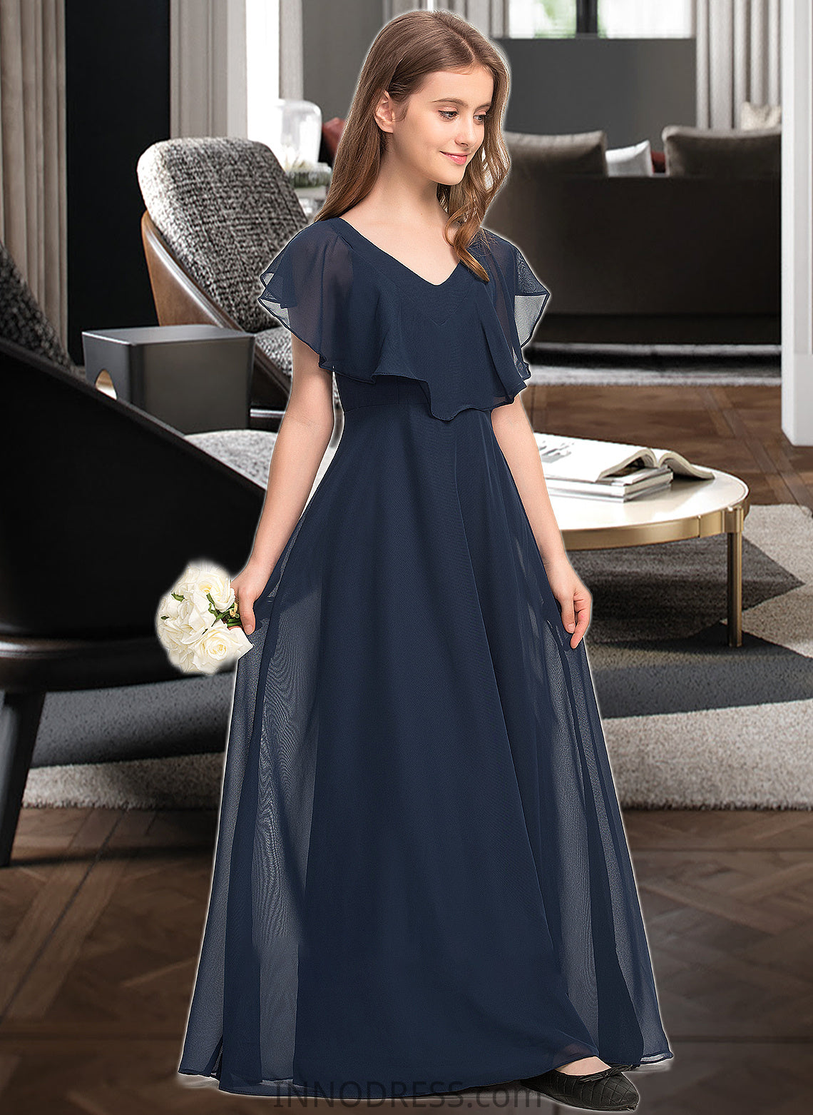 Lesley A-Line V-neck Floor-Length Chiffon Junior Bridesmaid Dress DPP0013611