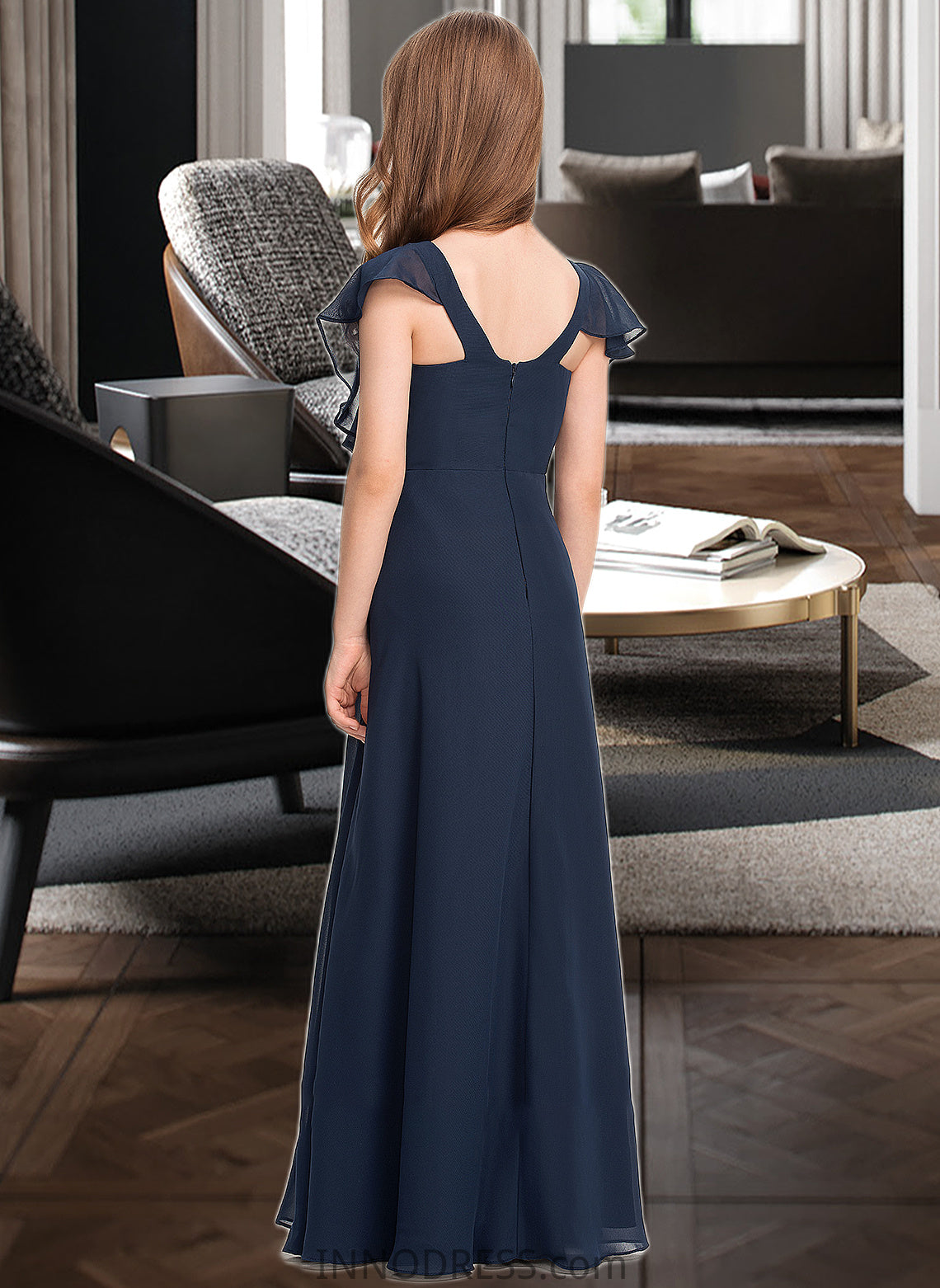 Lesley A-Line V-neck Floor-Length Chiffon Junior Bridesmaid Dress DPP0013611