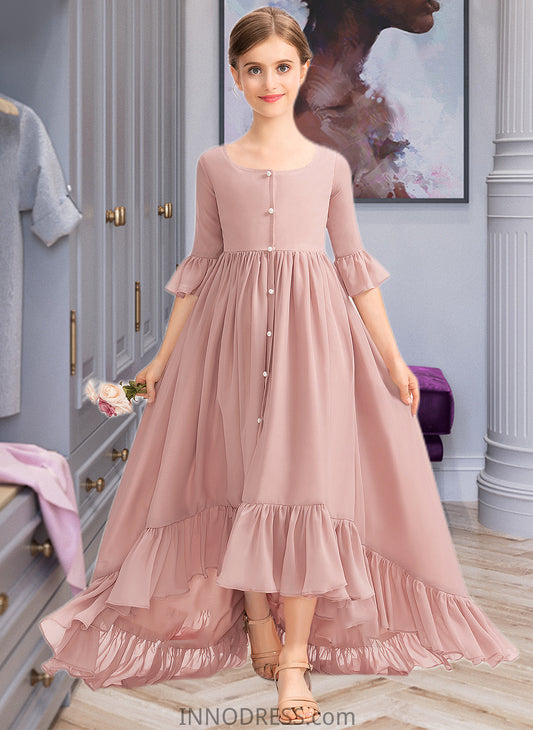 Taliyah A-Line Scoop Neck Asymmetrical Chiffon Junior Bridesmaid Dress With Bow(s) Cascading Ruffles DPP0013612