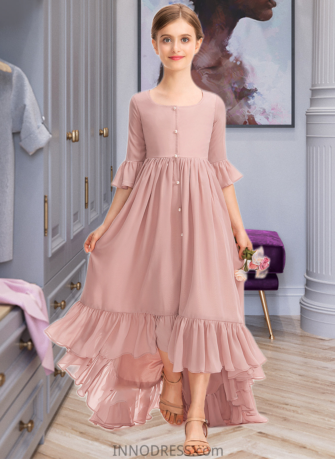 Taliyah A-Line Scoop Neck Asymmetrical Chiffon Junior Bridesmaid Dress With Bow(s) Cascading Ruffles DPP0013612