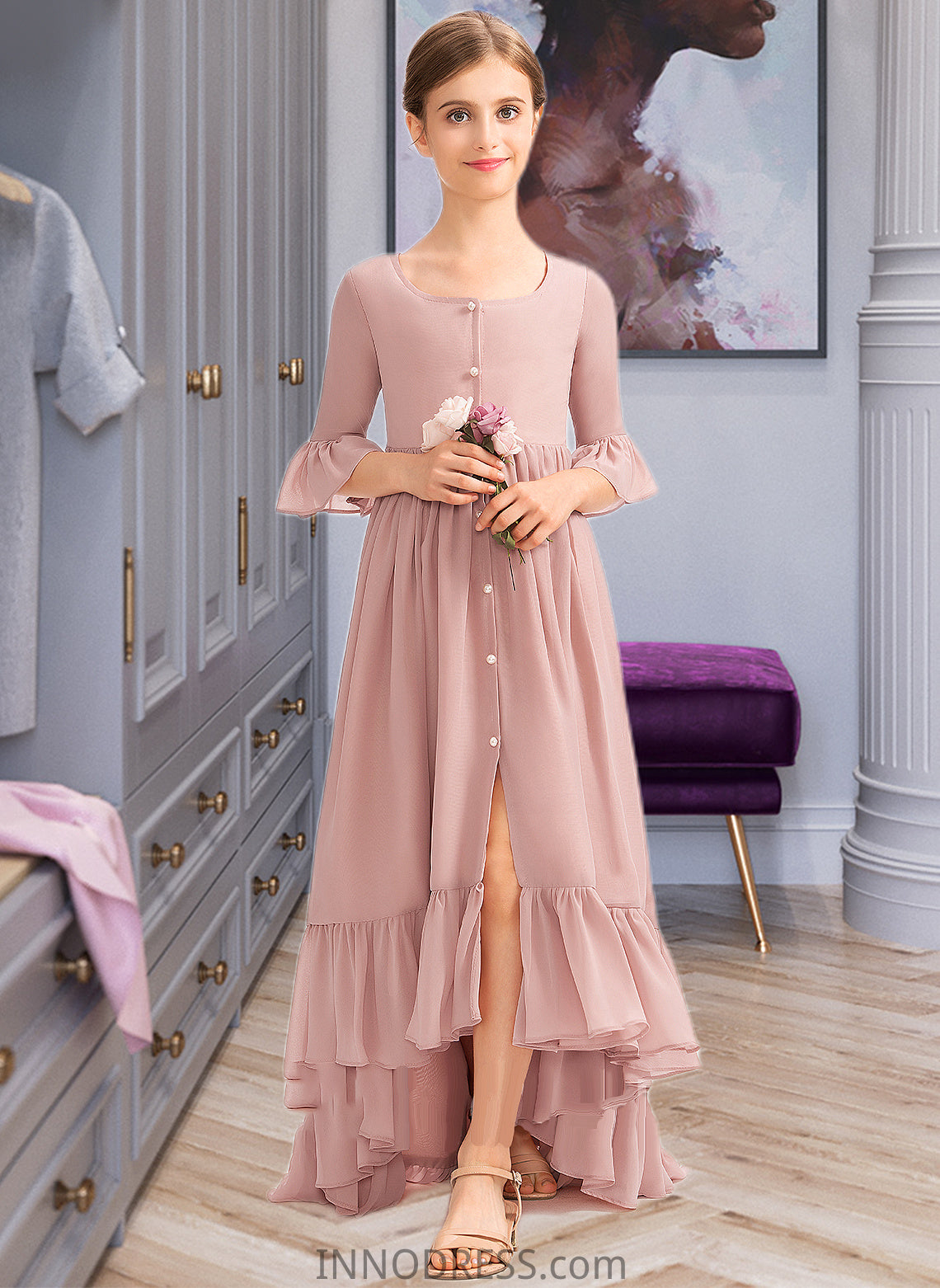 Taliyah A-Line Scoop Neck Asymmetrical Chiffon Junior Bridesmaid Dress With Bow(s) Cascading Ruffles DPP0013612