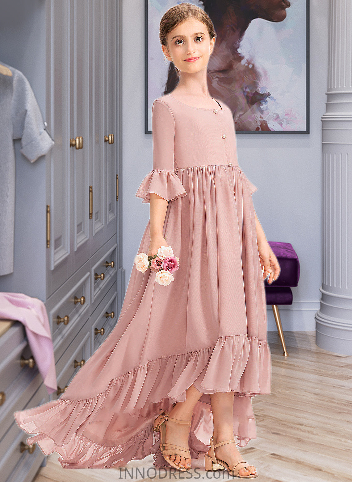 Taliyah A-Line Scoop Neck Asymmetrical Chiffon Junior Bridesmaid Dress With Bow(s) Cascading Ruffles DPP0013612