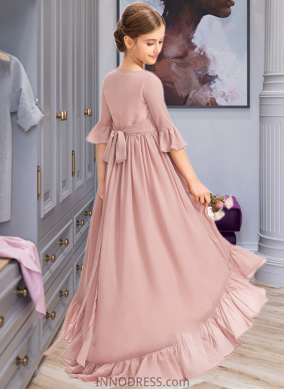 Taliyah A-Line Scoop Neck Asymmetrical Chiffon Junior Bridesmaid Dress With Bow(s) Cascading Ruffles DPP0013612