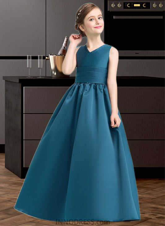 Kristen Ball-Gown/Princess V-neck Floor-Length Satin Junior Bridesmaid Dress With Ruffle DPP0013613