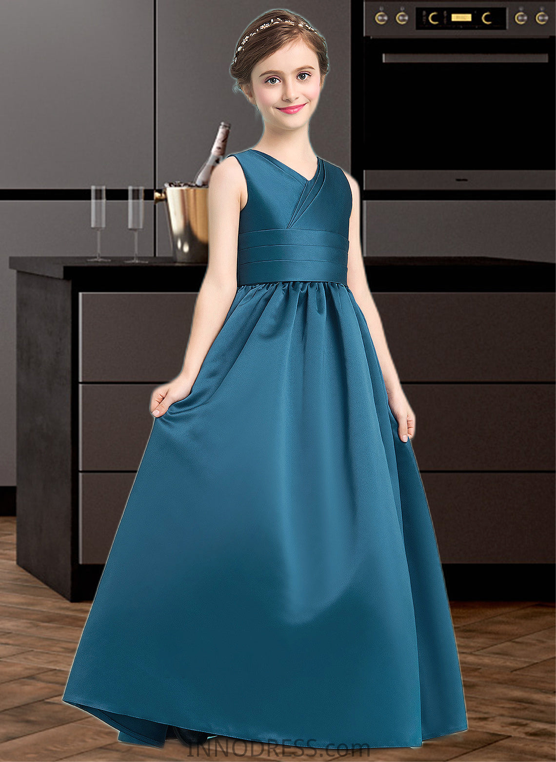 Kristen Ball-Gown/Princess V-neck Floor-Length Satin Junior Bridesmaid Dress With Ruffle DPP0013613