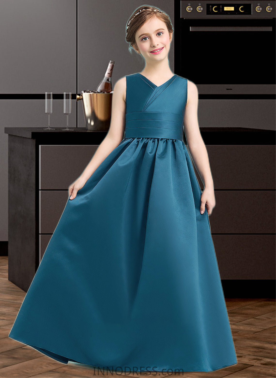 Kristen Ball-Gown/Princess V-neck Floor-Length Satin Junior Bridesmaid Dress With Ruffle DPP0013613