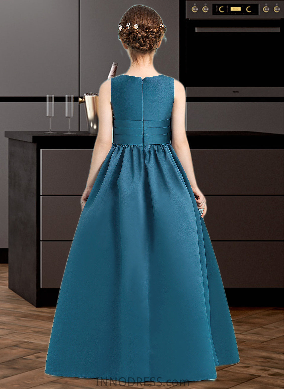 Kristen Ball-Gown/Princess V-neck Floor-Length Satin Junior Bridesmaid Dress With Ruffle DPP0013613