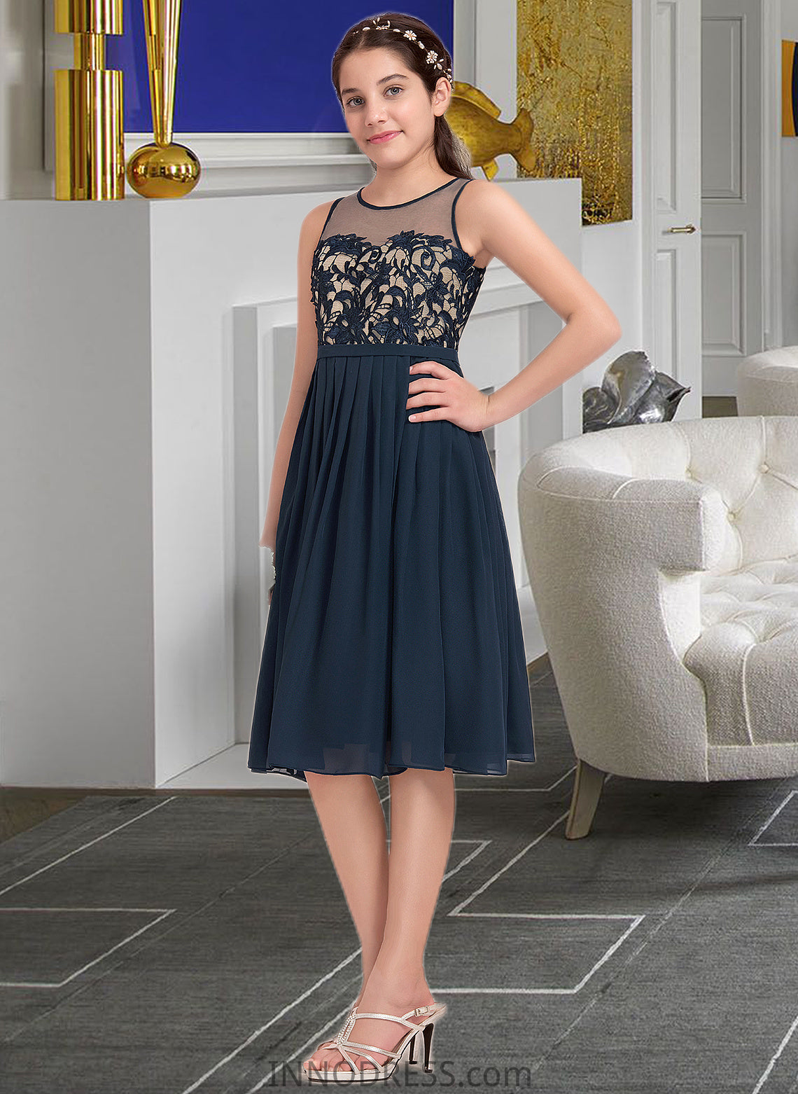 Ansley A-Line Scoop Neck Knee-Length Chiffon Junior Bridesmaid Dress DPP0013614