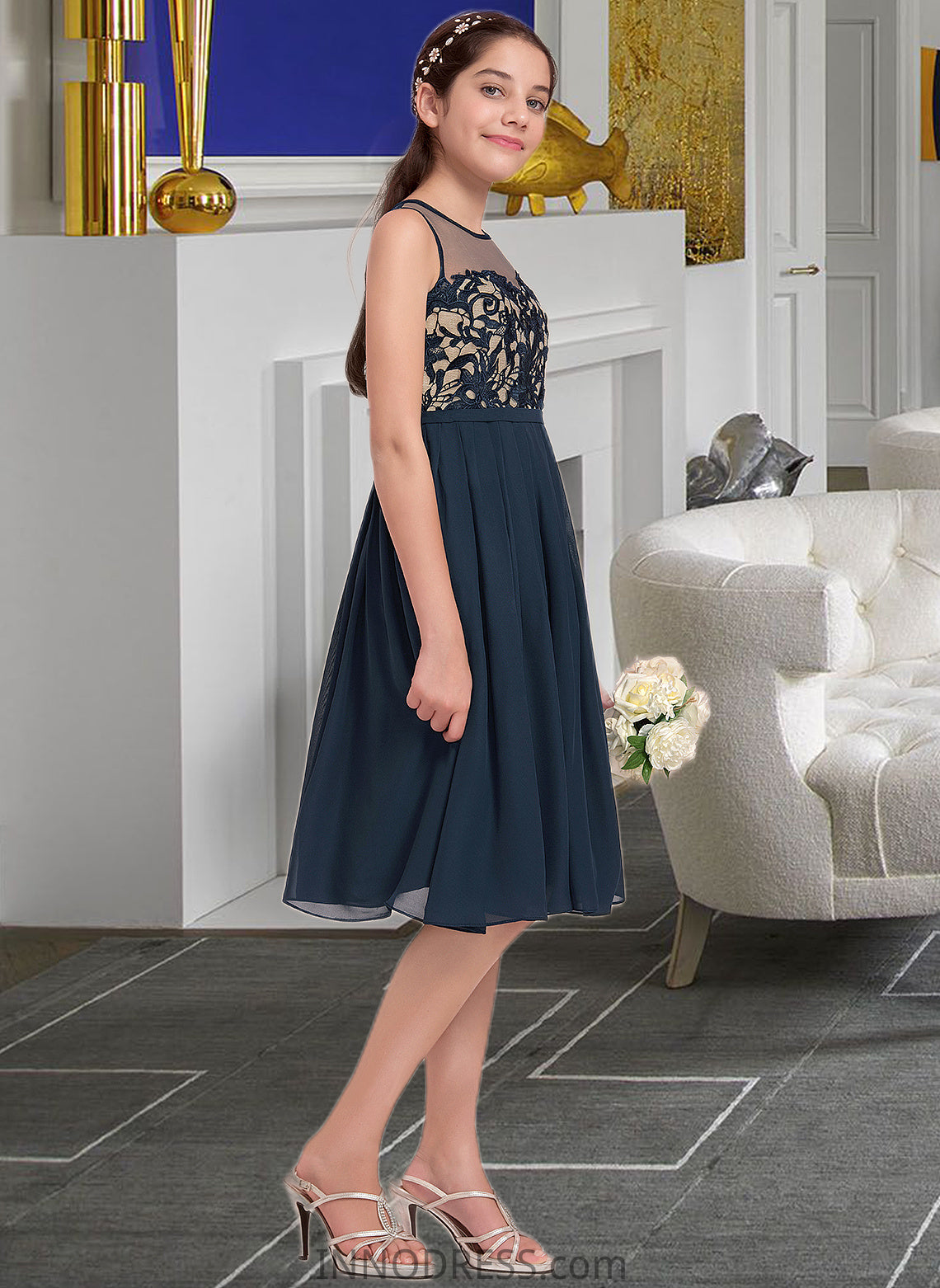 Ansley A-Line Scoop Neck Knee-Length Chiffon Junior Bridesmaid Dress DPP0013614