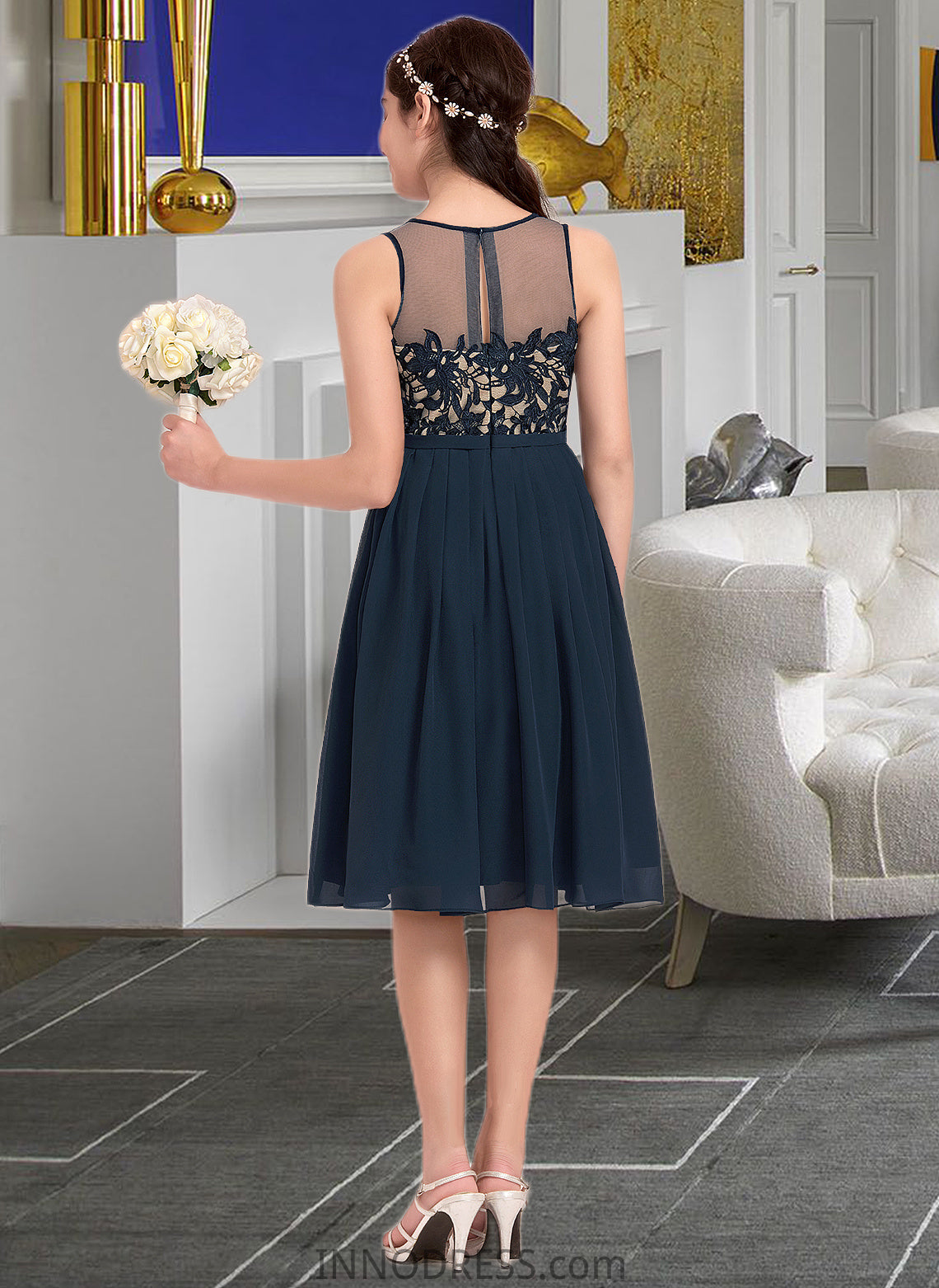 Ansley A-Line Scoop Neck Knee-Length Chiffon Junior Bridesmaid Dress DPP0013614