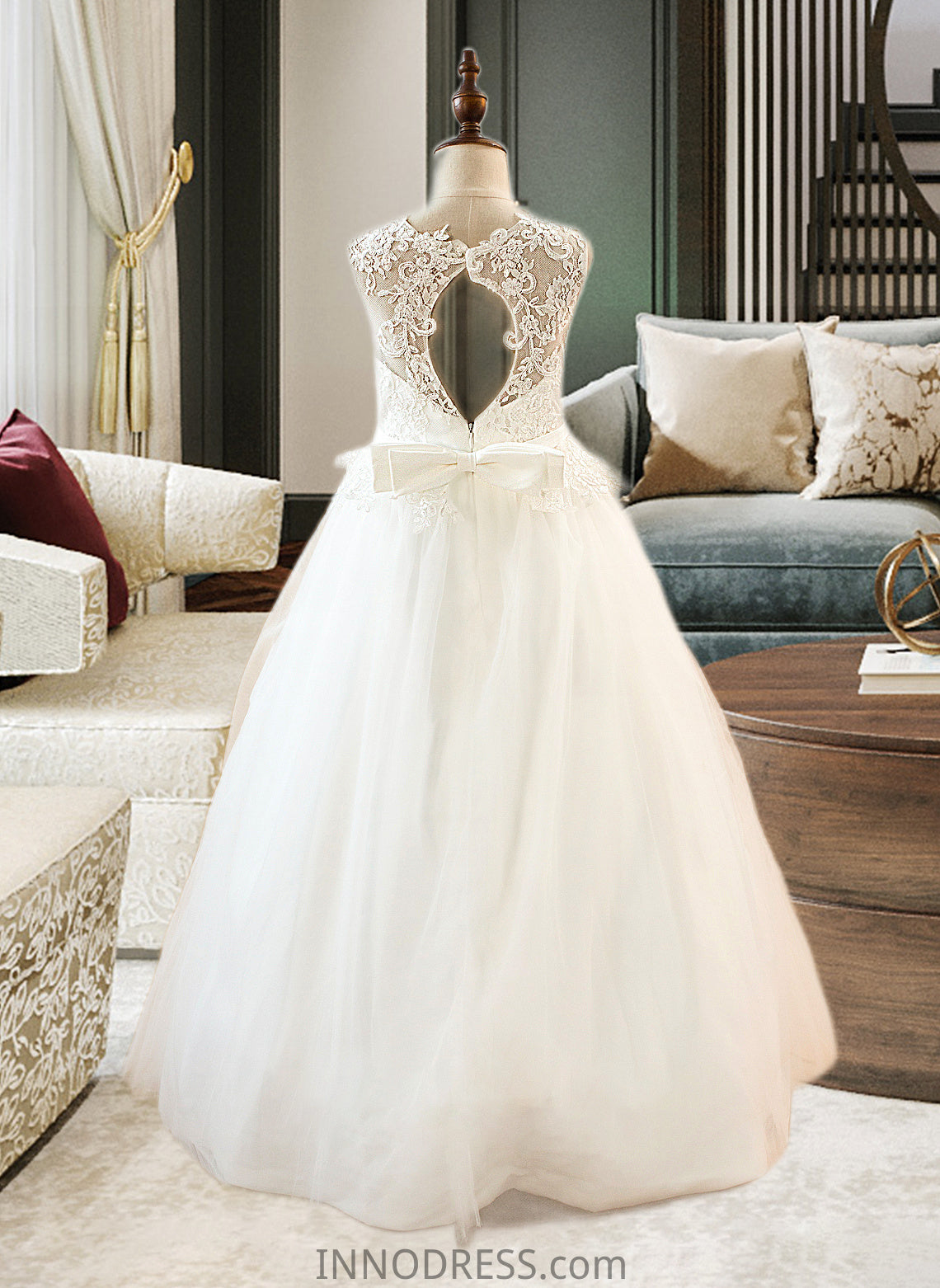 Lyric Ball-Gown/PrincessScoopNeckFloor-LengthTulleJuniorBridesmaidDressWithSashBeading#136423 DPP0013615