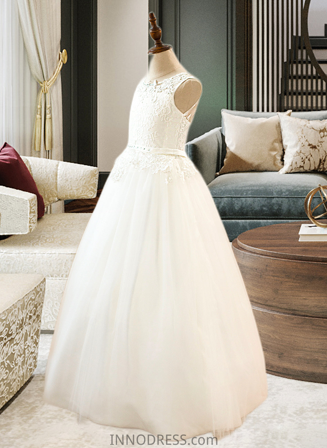 Lyric Ball-Gown/PrincessScoopNeckFloor-LengthTulleJuniorBridesmaidDressWithSashBeading#136423 DPP0013615