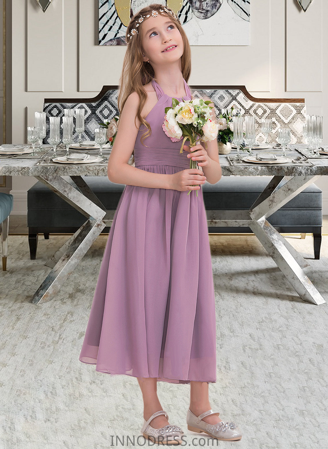 Rylie A-Line Halter Tea-Length Chiffon Junior Bridesmaid Dress With Ruffle DPP0013616