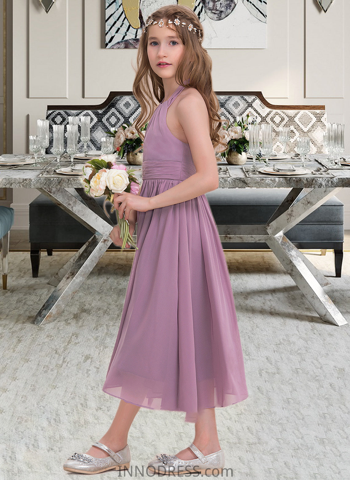 Rylie A-Line Halter Tea-Length Chiffon Junior Bridesmaid Dress With Ruffle DPP0013616