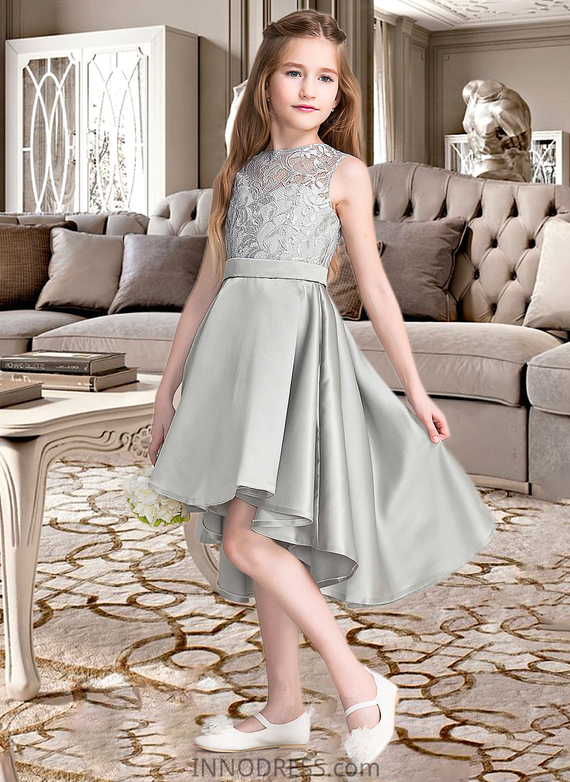 Dylan A-Line Scoop Neck Asymmetrical Satin Junior Bridesmaid Dress DPP0013618