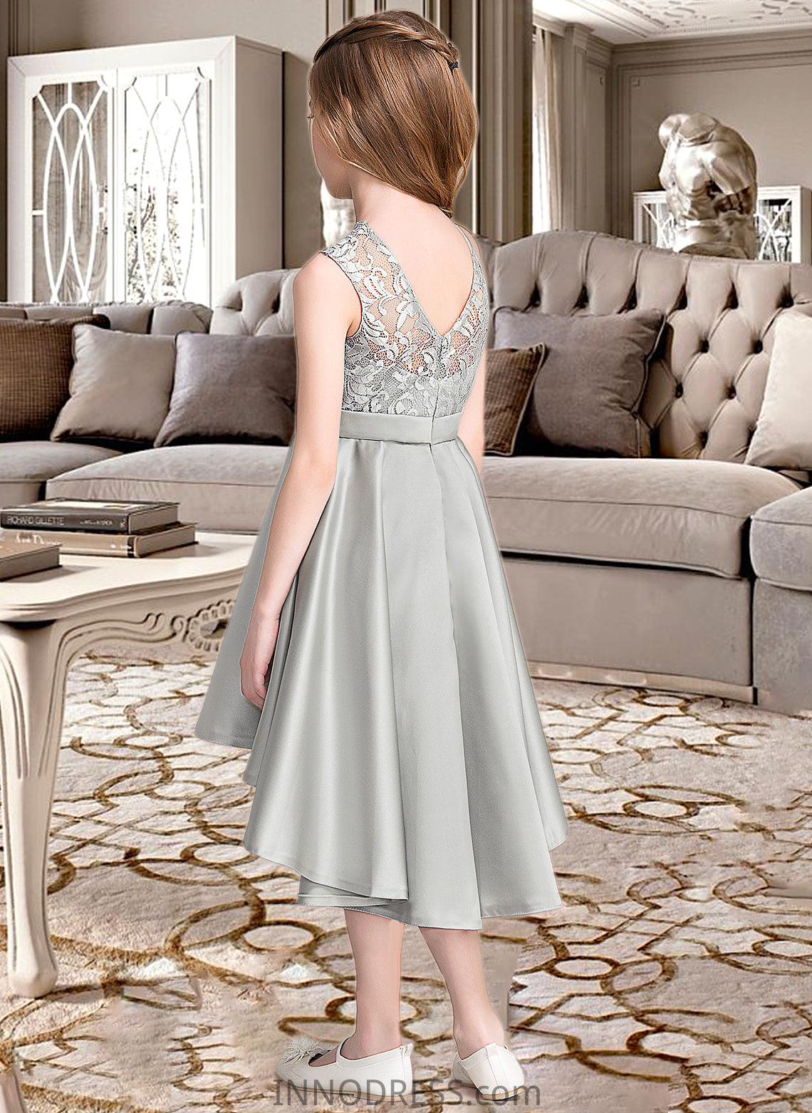 Dylan A-Line Scoop Neck Asymmetrical Satin Junior Bridesmaid Dress DPP0013618