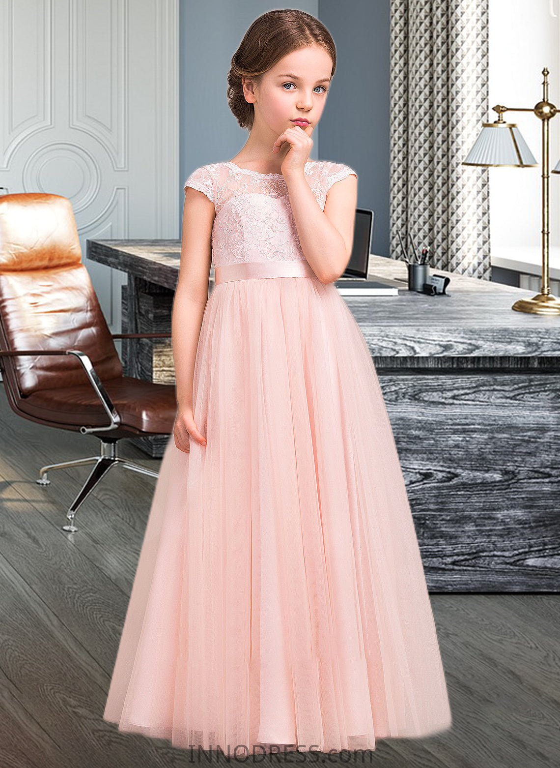 Hailie A-Line Scoop Neck Floor-Length Tulle Lace Junior Bridesmaid Dress With Bow(s) DPP0013619