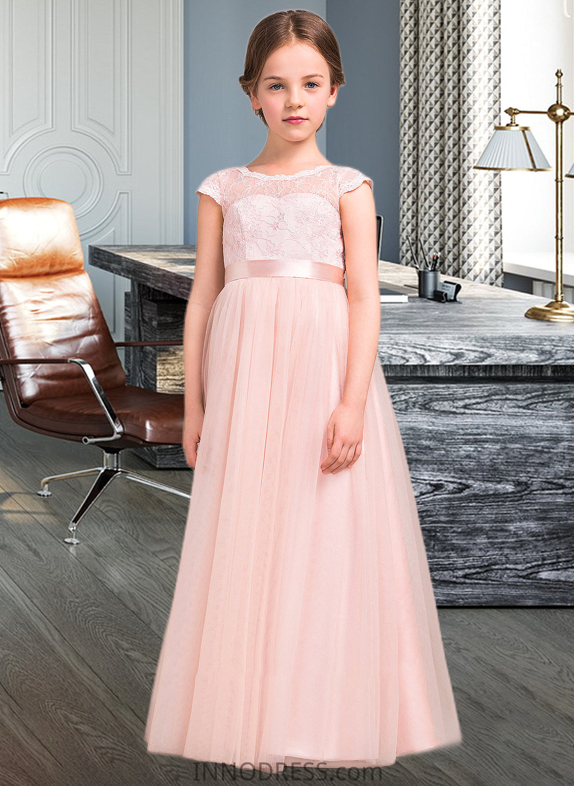 Hailie A-Line Scoop Neck Floor-Length Tulle Lace Junior Bridesmaid Dress With Bow(s) DPP0013619