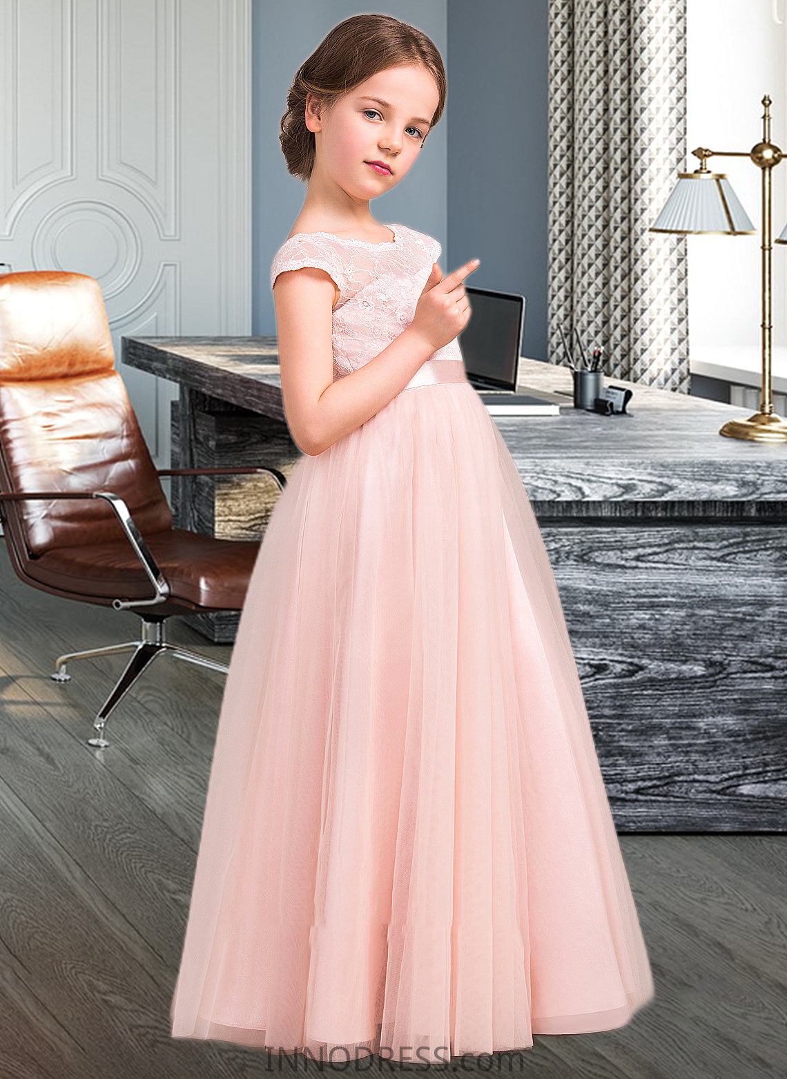 Hailie A-Line Scoop Neck Floor-Length Tulle Lace Junior Bridesmaid Dress With Bow(s) DPP0013619