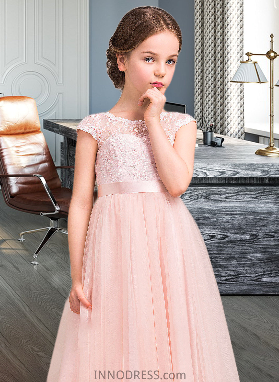 Hailie A-Line Scoop Neck Floor-Length Tulle Lace Junior Bridesmaid Dress With Bow(s) DPP0013619