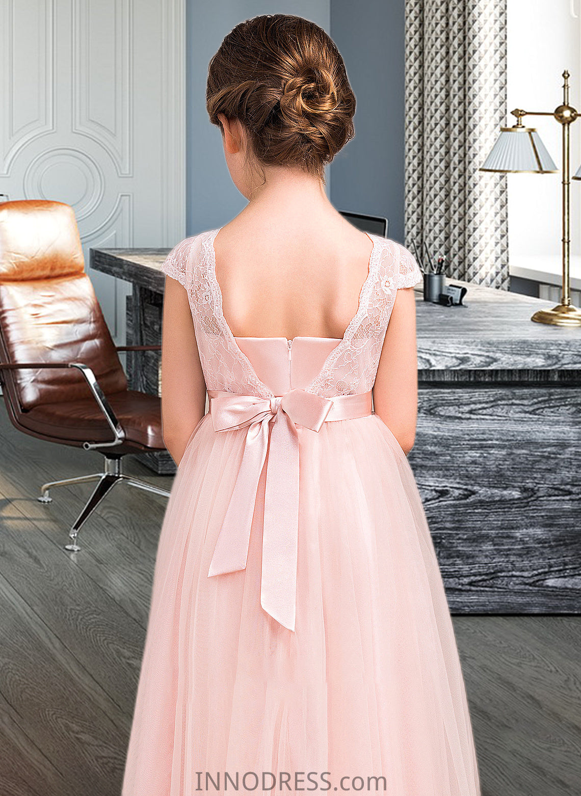 Hailie A-Line Scoop Neck Floor-Length Tulle Lace Junior Bridesmaid Dress With Bow(s) DPP0013619