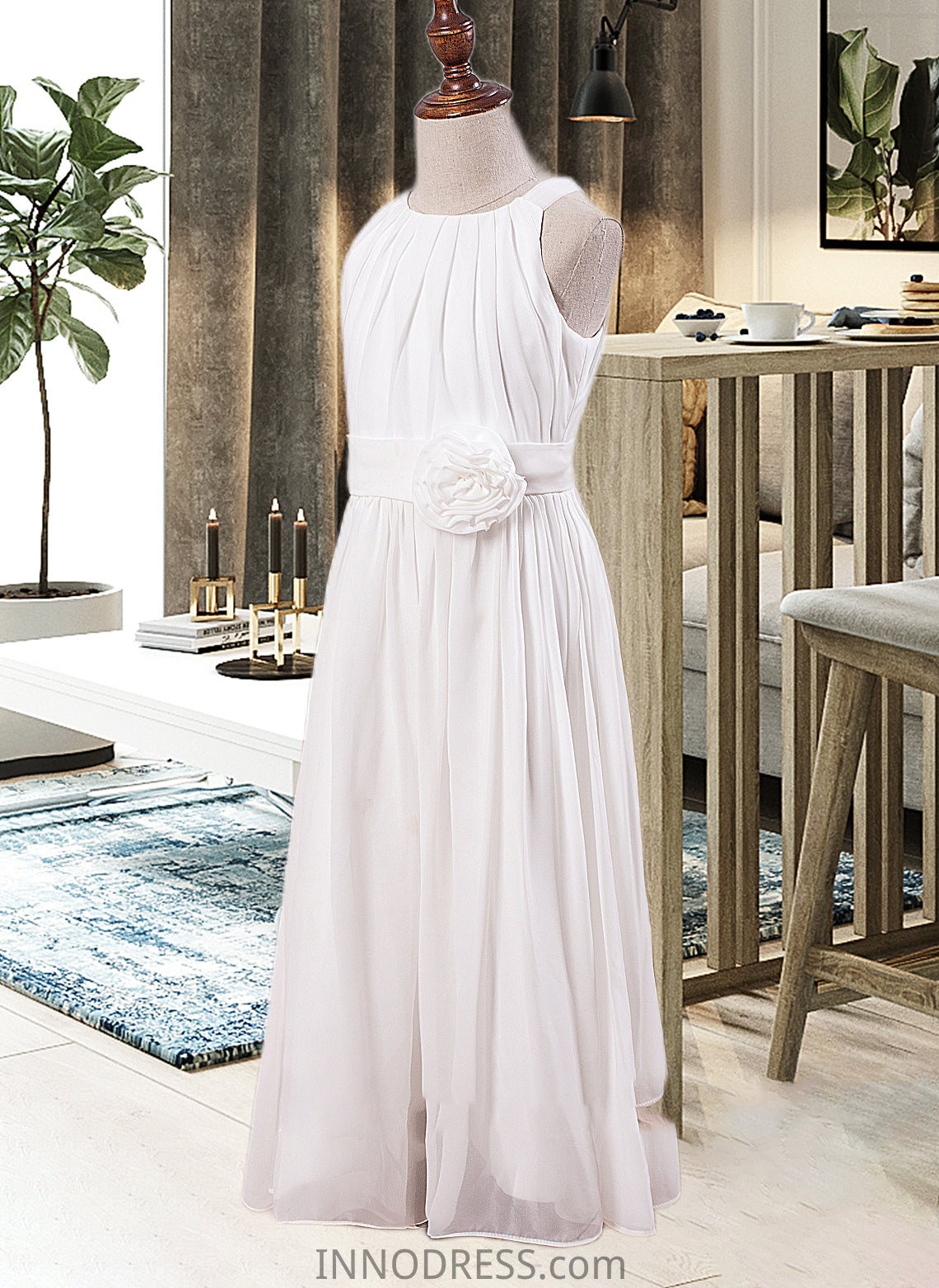 Cadence A-Line Scoop Neck Ankle-Length Chiffon Junior Bridesmaid Dress With Flower(s) DPP0013621