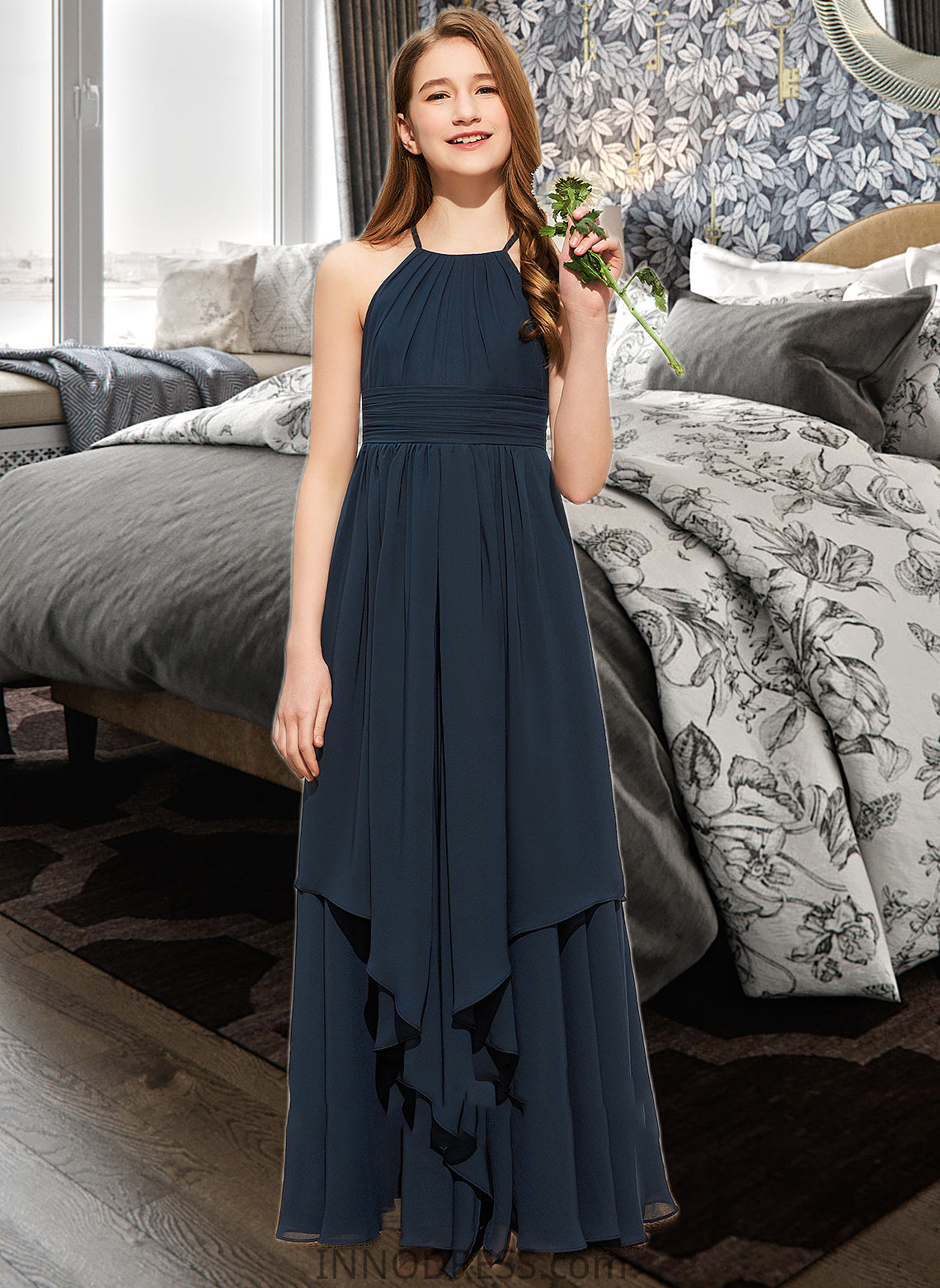 Harriet A-Line Scoop Neck Floor-Length Chiffon Junior Bridesmaid Dress With Cascading Ruffles DPP0013622