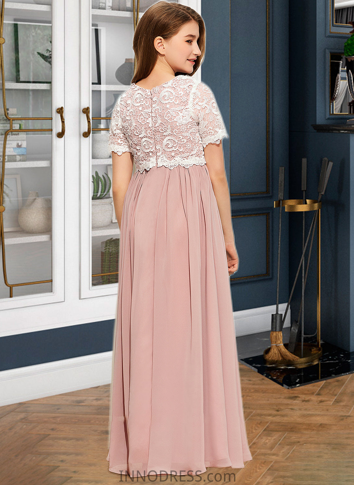 Saige A-Line Scoop Neck Floor-Length Chiffon Lace Junior Bridesmaid Dress DPP0013623