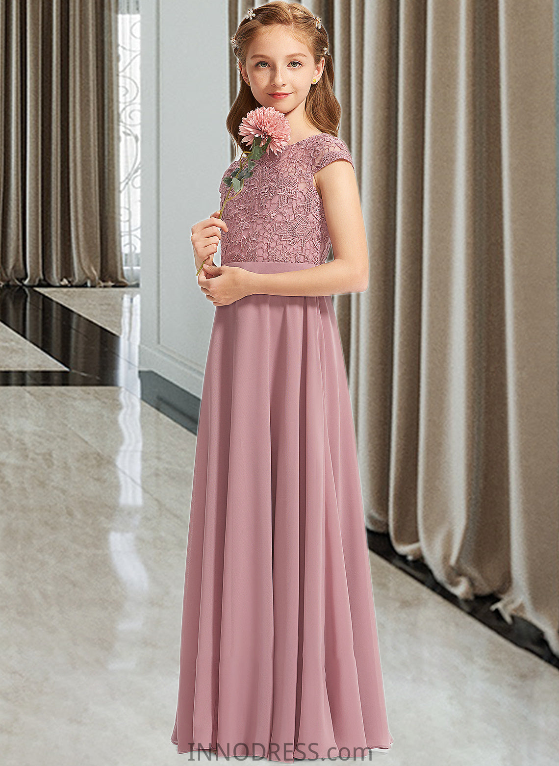 Susie A-Line Scoop Neck Floor-Length Chiffon Lace Junior Bridesmaid Dress DPP0013624