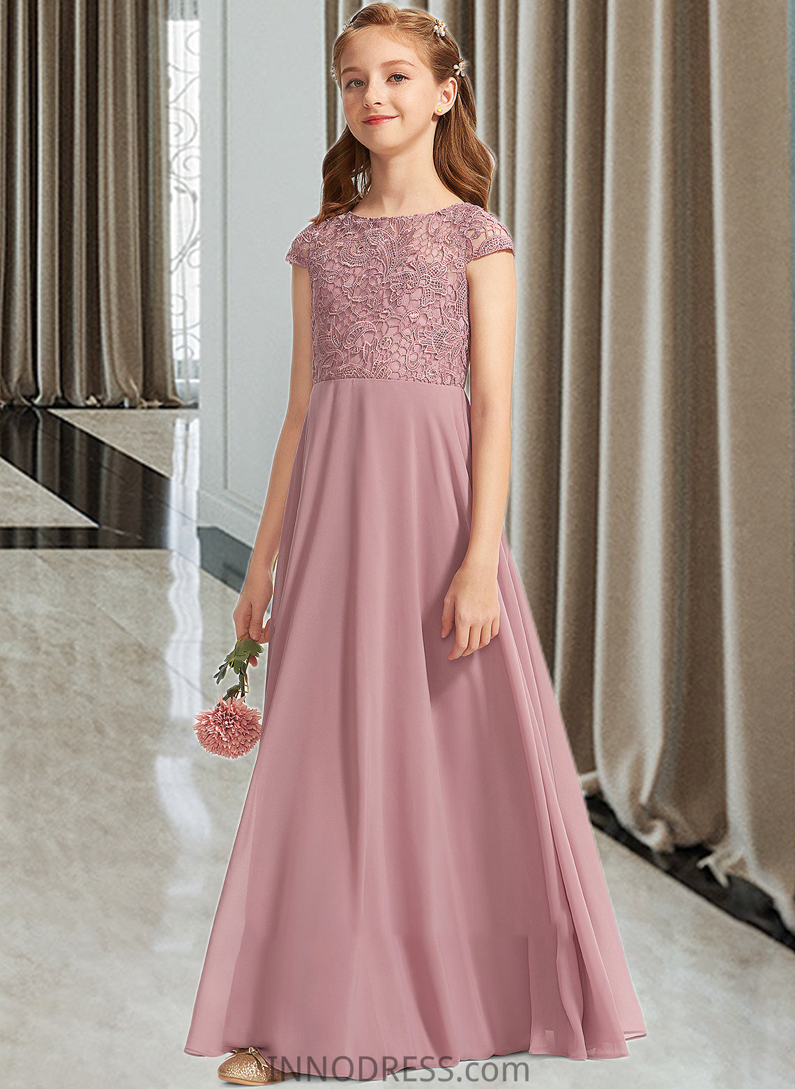 Susie A-Line Scoop Neck Floor-Length Chiffon Lace Junior Bridesmaid Dress DPP0013624