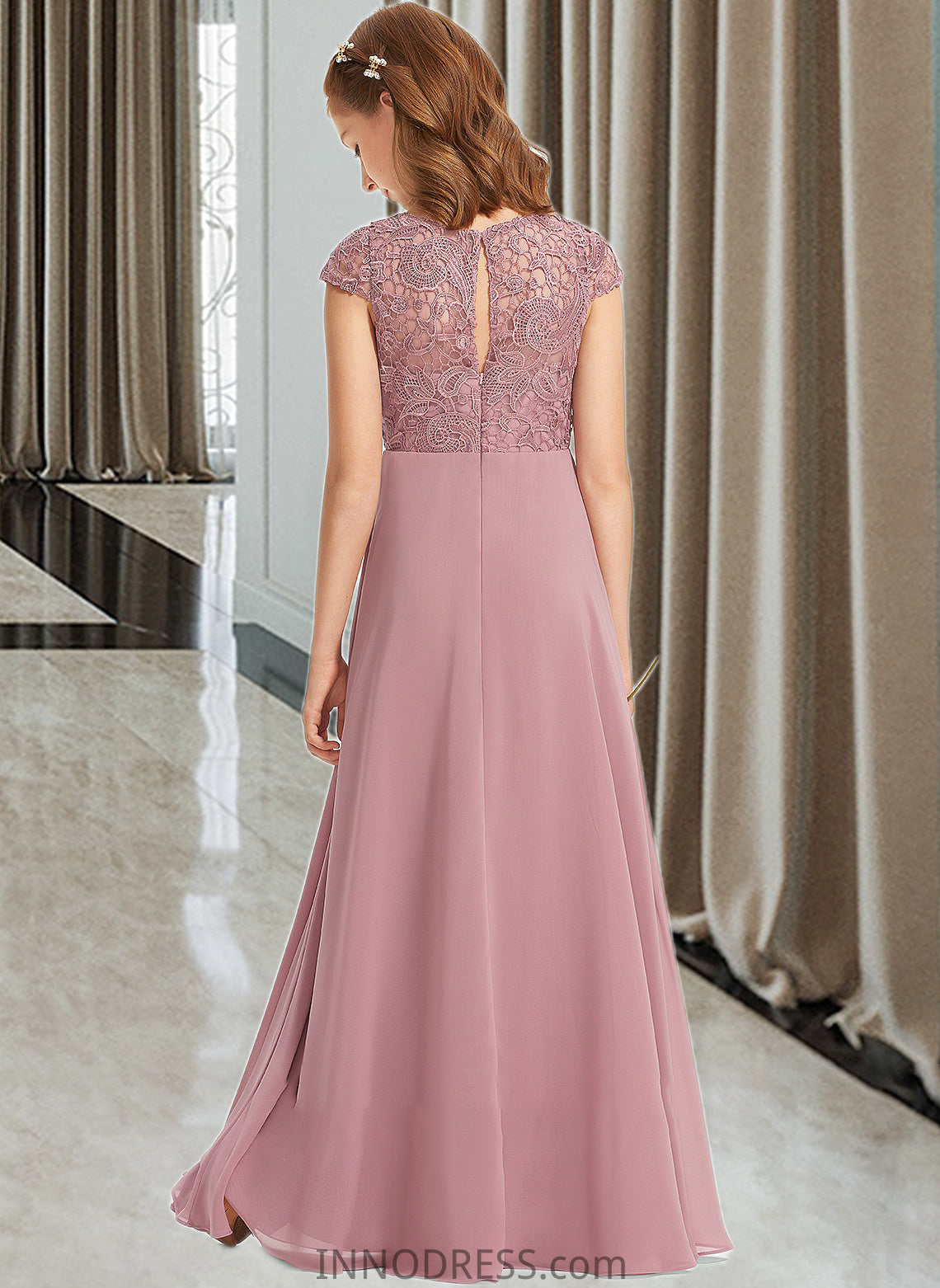 Susie A-Line Scoop Neck Floor-Length Chiffon Lace Junior Bridesmaid Dress DPP0013624