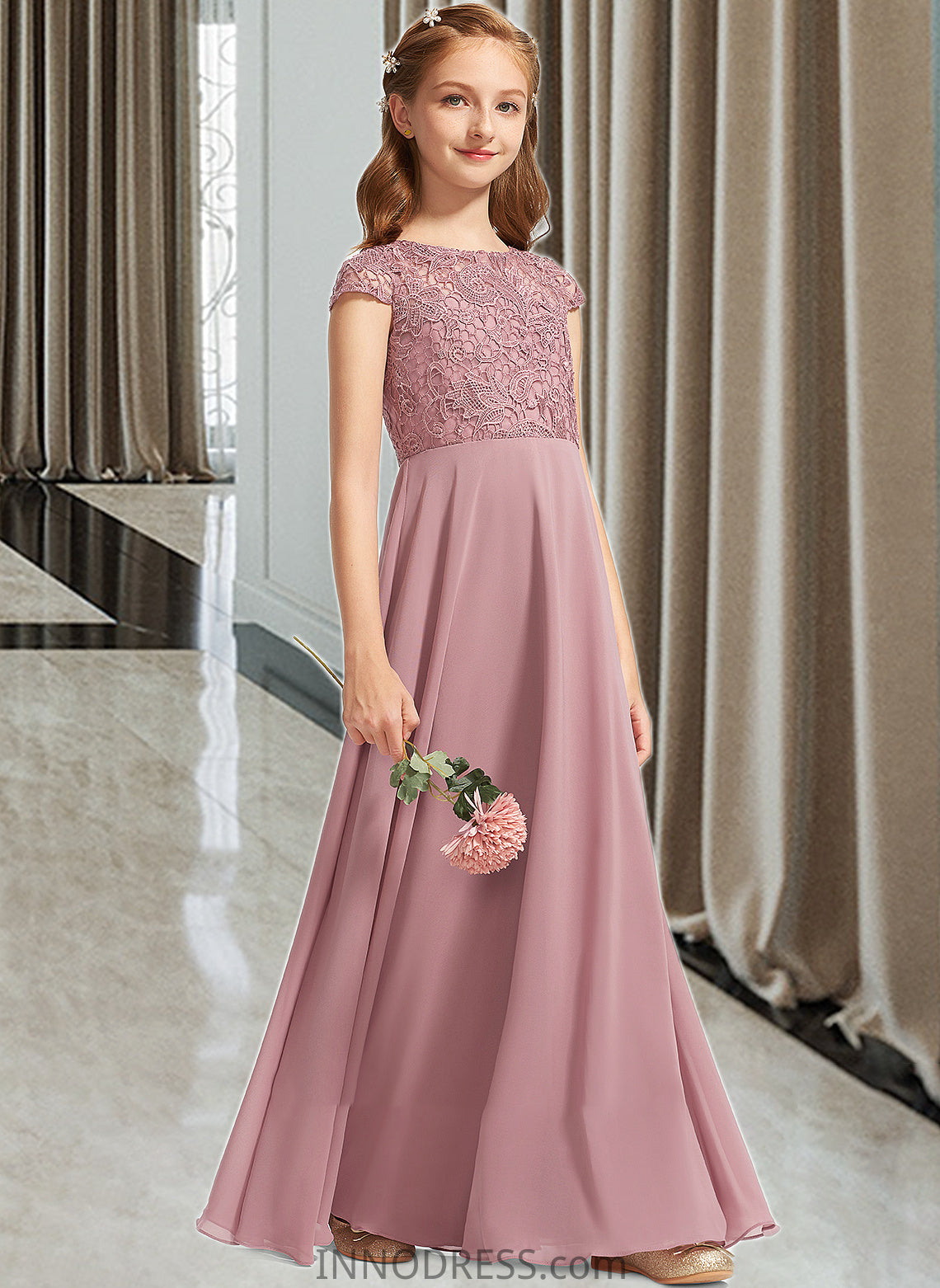 Susie A-Line Scoop Neck Floor-Length Chiffon Lace Junior Bridesmaid Dress DPP0013624