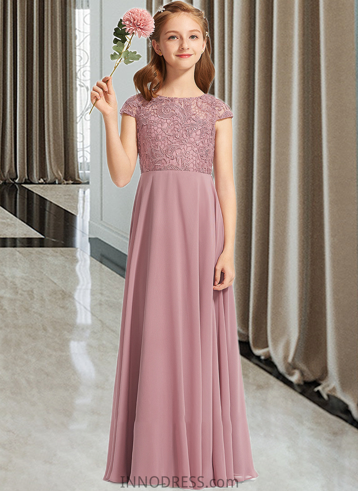 Susie A-Line Scoop Neck Floor-Length Chiffon Lace Junior Bridesmaid Dress DPP0013624