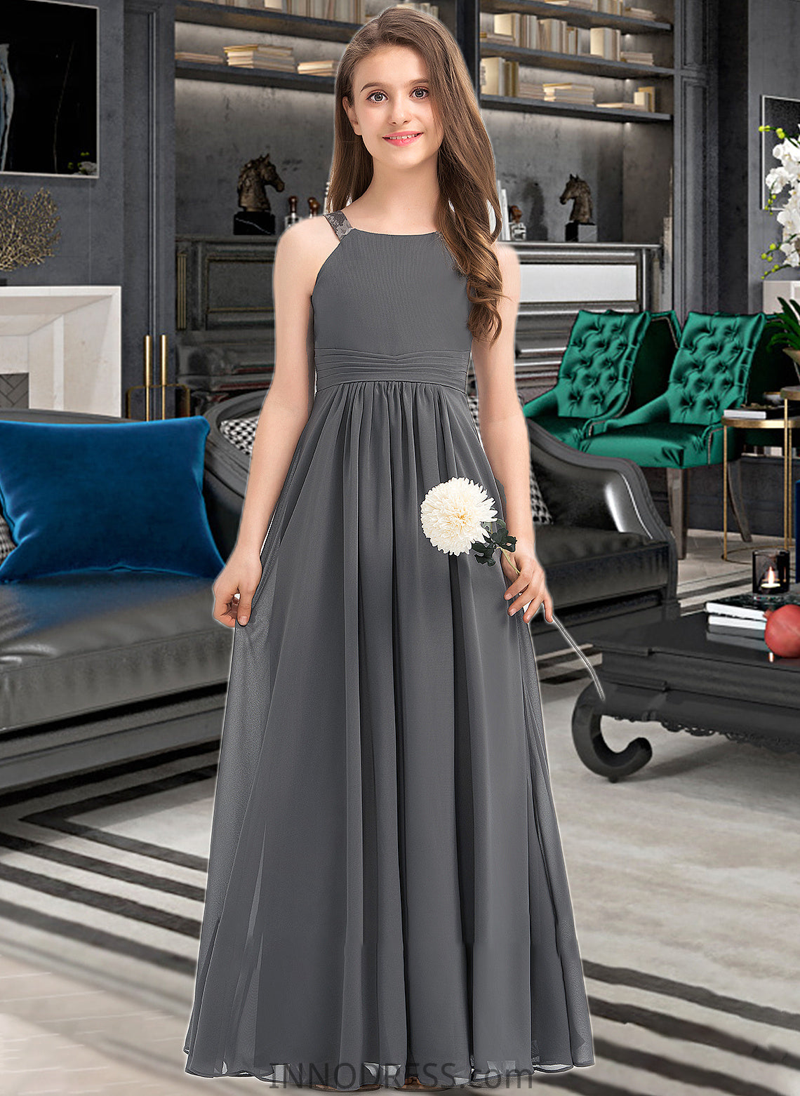 Thea A-Line Scoop Neck Floor-Length Chiffon Junior Bridesmaid Dress With Ruffle Lace DPP0013625