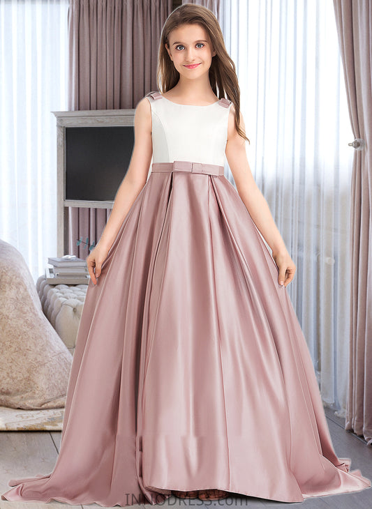 Teresa Ball-Gown/Princess Scoop Neck Sweep Train Satin Junior Bridesmaid Dress With Bow(s) Pockets DPP0013626